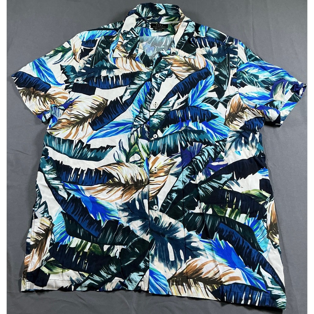 Zara Men Regular Fit Tropical Palm Leaf Print Button Down Shirt Blue Green L